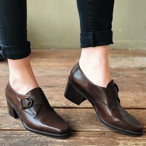 🍂Bandolino Brown Heel Buckle Block Oxford Loafers